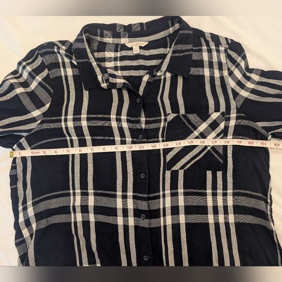 Lucky Brand Women's Size Large Dark Blue White Plaid Button Down Long Sleeve Top - Picture 7 of 12